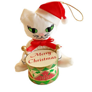 Vintage Russ Fancy Feast Cat Christmas Ornament White Satin With Drum